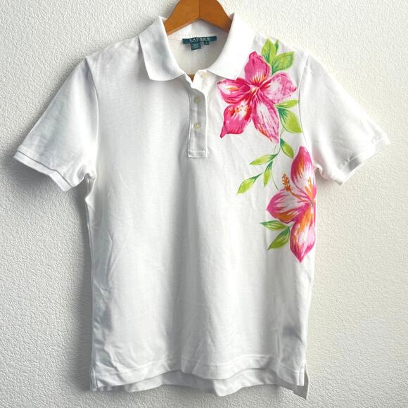VTG LAUREN Ralph Lauren Women White Collared Polo Pink Green Floral Preppy Small - Picture 1 of 7